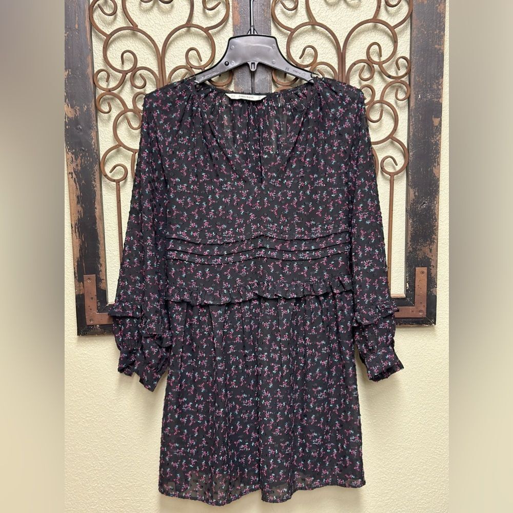 Zara long sleeve pink floral sheer mini dress with double lining